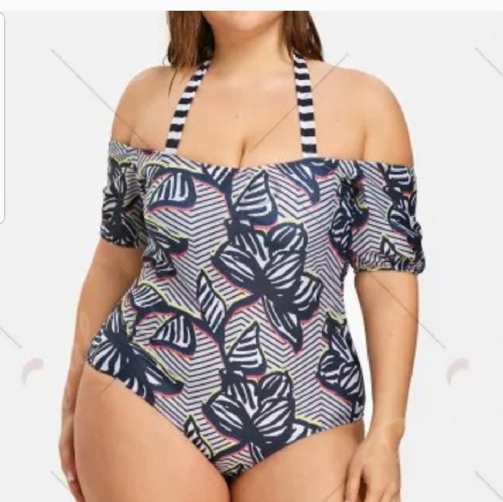 Navy blue & white floral plus size swim suit.